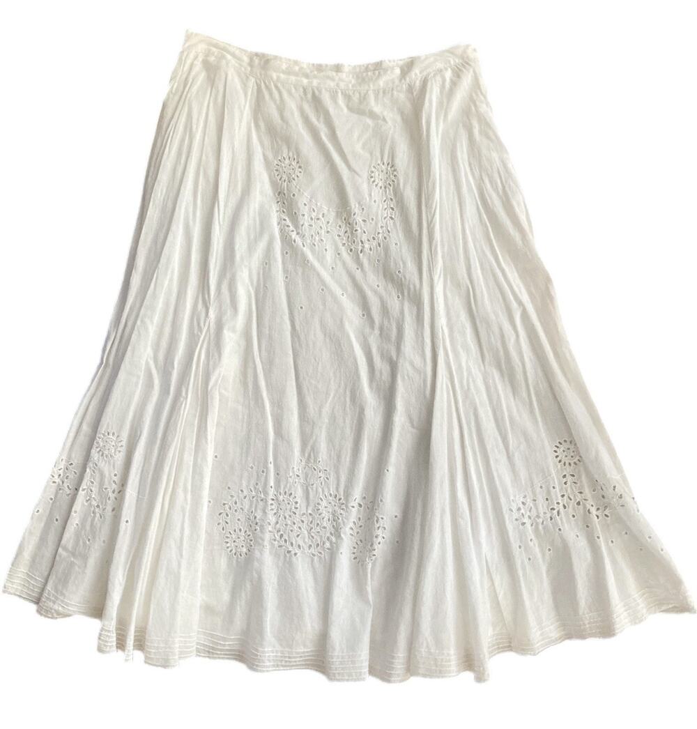 Vintage 90s Y2k White Cotton Boho Cottage Romantic Embroidered Maxi Midi Skirt M